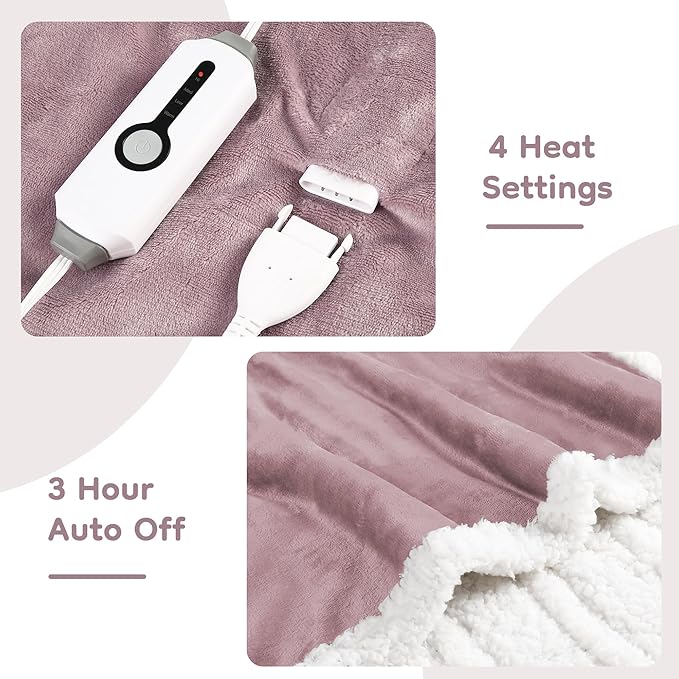 Electric Heated Blanket Throw Size - 50"x60", Soft Flannel Heating Blanket, 4 Heating Levels, 3 H Auto Shut Off, Breathable Warm and Washable for Sofa, Purple
