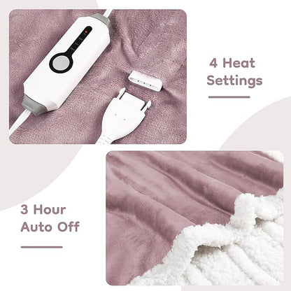 Electric Heated Blanket Throw Size - 50"x60", Soft Flannel Heating Blanket, 4 Heating Levels, 3 H Auto Shut Off, Breathable Warm and Washable for Sofa, Purple