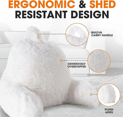 Cheer Collection Fluffy Reading Pillow Chair - Shaggy Hair Chair Pillow with Arms for Bed & Couch, White