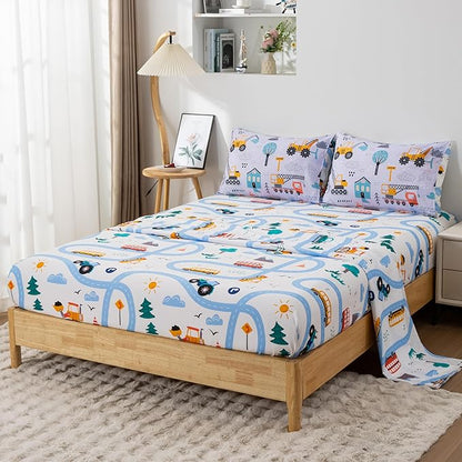 NTBED 5 Pieces Construction Cars Comforter Set Full for Boys Kids Bed in a Bag Vehicles Transportation Lightweight Microfiber Bedding Sets,Light Grey
