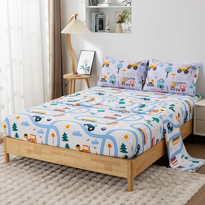 NTBED 5 Pieces Construction Cars Comforter Set Twin for Boys Kids Bed in a Bag Vehicles Transportation Lightweight Microfiber Bedding Sets,Light Grey