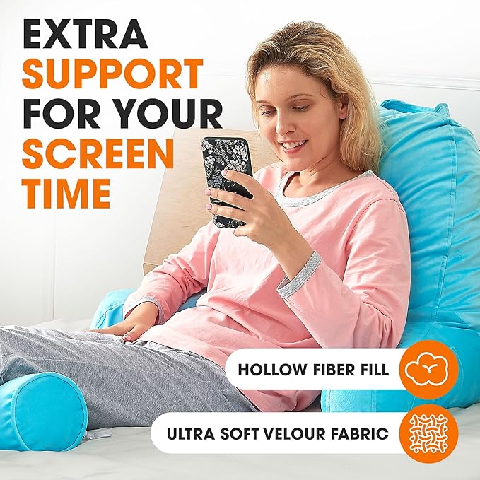Cheer Collection Reading Pillow Chair - Chair Pillow with Arms and Detachable Neck Bolster for Bed & Couch - Machine Washable, Sky Blue
