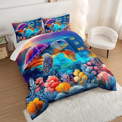 Cute Ocean Comforter Set Kids Bedding Twin Size,Color Jellyfish Conch Sea Star Print Comforter for Teens Boys Girls Room Decor,Kawaii Beach Bedding Set with 2 Pillowcases.