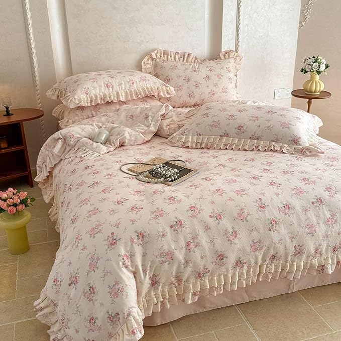 BuLuTu Pink Floral Princess Duvet Cover Set King Size, Vintage Farmhouse Style Lace Ruffled Comforter Cover with Zipper and 4 Ties, 100% Cotton Muslin Bedding Set King for Girls Women