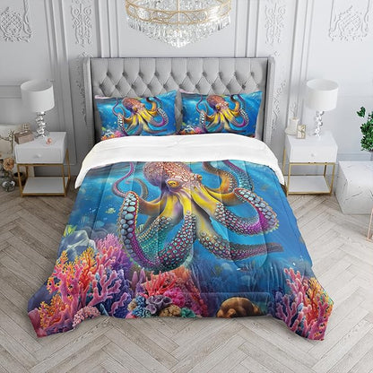 3D Octopus Comforter Set Twin Size 3Pcs Nautical Ocean Bedding Set Seaweed Quilt Bed Set for Boys Girls with 1 Comforter and 2 Pillowcases