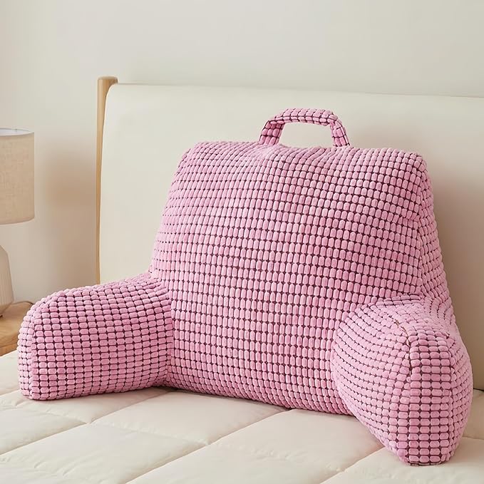 NOONTIDE Reading Pillow L-Size with Top Handle, Uniquely Designed Soft Fabric, Ergonomic Back Support for Bed, Couch & Reading, Comes with a Bag of Filling for Adjustable Firmness (Pink)