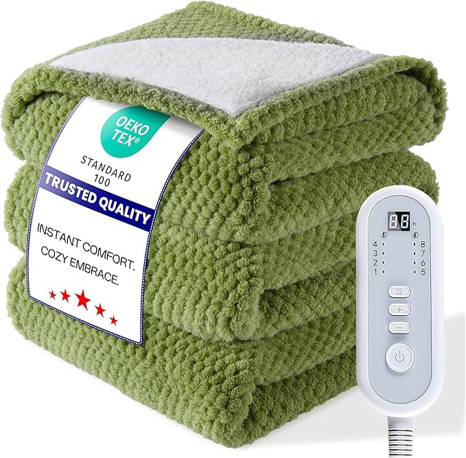 Heated Throw Electric Blanket, 50x60 Inches Fuzzy Fleece Blanket, Soft Fluffy Fast Heating Blanket 8 Heating Levels & 8 Hours Auto Off, Blanket with ETL & FCC Certification, Green
