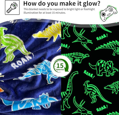 TEHALK Dinosaur Glow in The Dark Blanket for Boys/Girls/Toddler/Baby, Dinosaur Toys for Boy Age 3-12, Cute Funny Kids Throw Blanket for Birthday/Gifts 50"x 60"