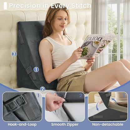 Sasttie Wedge Pillow for After Surgery, Adjustable Bed Wedge Pillow Headboard for Acid Reflux, Sleeping, Neck & Back Support, with Removable Cover, Dark Grey & Velvet