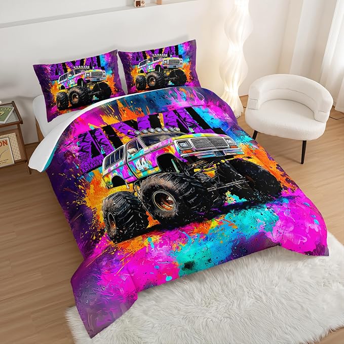 Cool Monster Truck Comforter Set Full Size,Colorful Graffiti Tie-Dye Pattern Racing Sport Bedding for Kids Boys Teens Room Decor,Cartoon Cars Themed Bedding Sets with 2 Pillowcases.