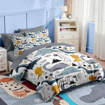 Nesker 7 Pcs Comforter Set Queen Size, Cute Dinosaur Dino Bedding for Kids Teen, Blue Yellow Dragon with Fitted Sheet 2 Pillowcases & 2 Shams for Bedroom Bed Décor