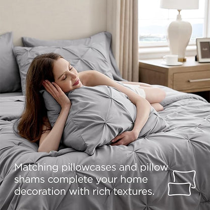 Bedsure Full Comforter Set Grey - Bed in a Bag Full Size Bedding Set 7 Pieces, GentleSoft™ Pintuck Bed Set Gift for Family, Pinch Pleat Grey Comforter with Sheets, Pillowcases & Shams