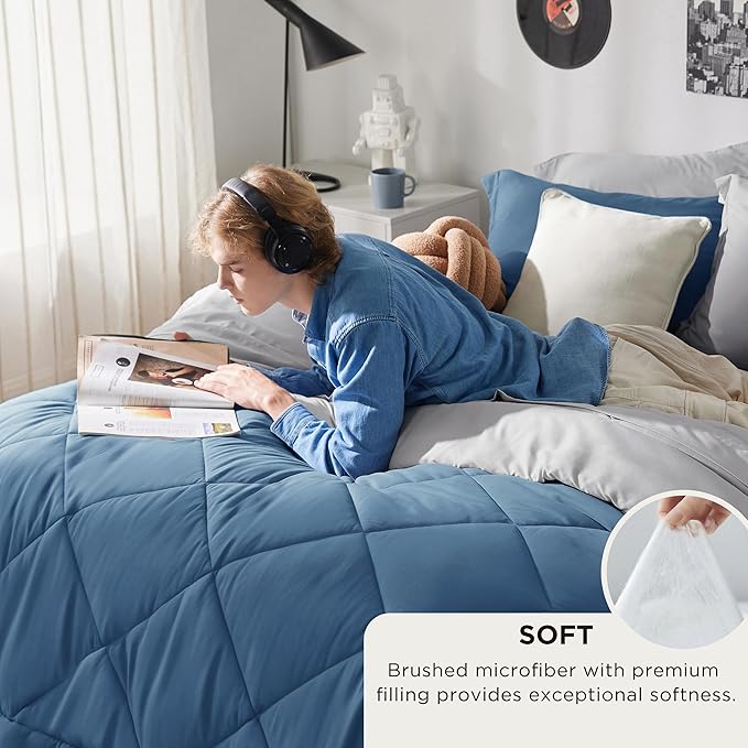 Bedsure Full Size Comforter Set - 7 Pieces Reversible Slate Blue Bedding, Full Size Bed Set for All Seasons, Bed in a Bag with Down Alternative Comforter, Sheets, Pillowcases & Shams
