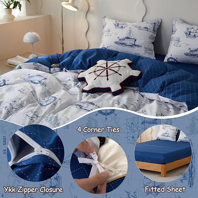 Simple&Opulence 100% Organic Cotton Duvet Cover for Kids Teens, 4 Pieces Soft Cartoon Comforter Cover with Zipper Closure, Boys Bedding Set with Sailboat Pattern,Full/Queen