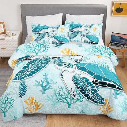 HOSIMA Sea Turtle Quilts Queen Size,Sea Turtle Print Lightweight Quilt,Different Corals Pattern Coastal Bedding for Teenage Girl Room Decor,Ocean Themed Bedding for Boys with 2 Pillowcases.