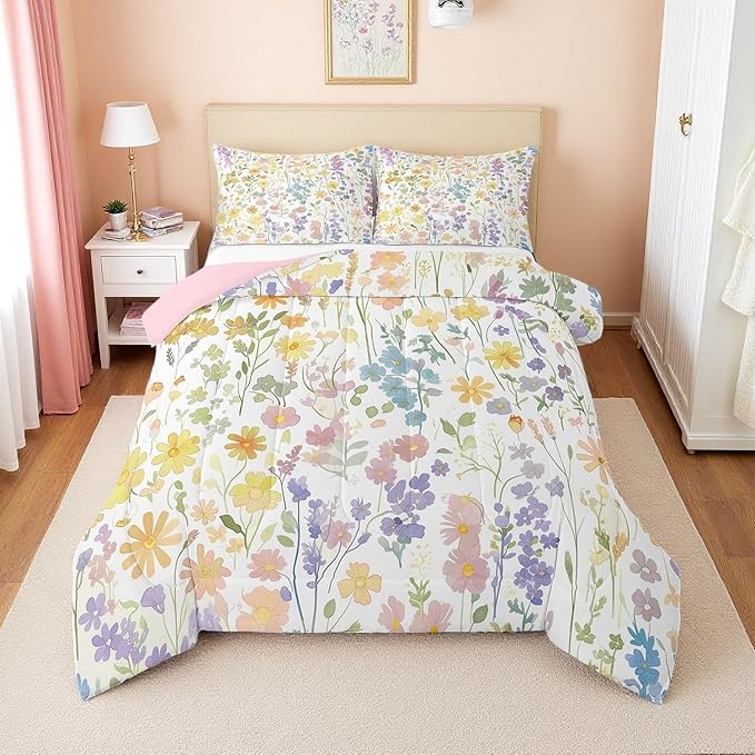 Erosebridal Cute Rainbow Flower Queen Bedding Set for Girls Kids Women,Colorful Boho Floral Comforter Set Rustic Home Decor,Bohemian Wildflower Quilt Bed Set Wild Flowers Bed Comforter Set 3Pcs