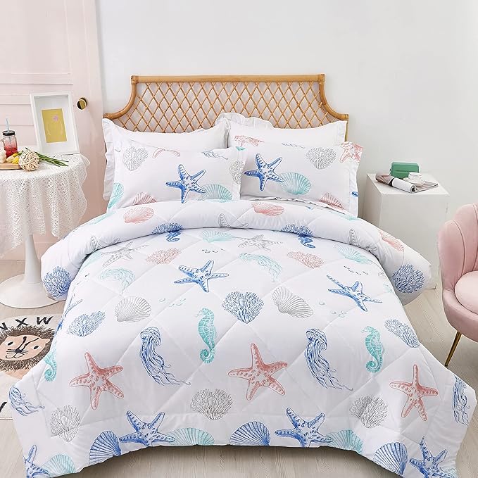 JSD Beach Theme Kids Comforter Set Full Size, 3 Piece Jellyfish Starfish Shell Printed Comforter with Pillow Shams, Lightweight All Season Washable