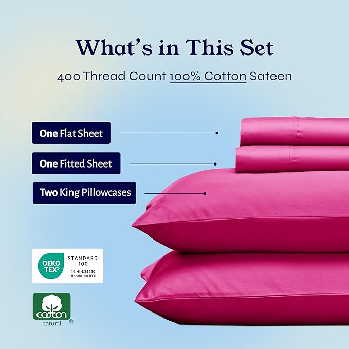 California Design Den Natural 100% Cotton Bed Sheets King Size Set - 400 Thread Count Sateen, Deep Pocket King Size Sheet Set, All Around Elastic, Soft, Durable Bedding - Hot Pink