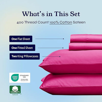 California Design Den Natural 100% Cotton Bed Sheets King Size Set - 400 Thread Count Sateen, Deep Pocket King Size Sheet Set, All Around Elastic, Soft, Durable Bedding - Hot Pink
