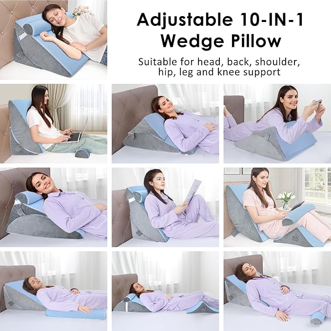 Bed Wedge Pillow for Sleeping, 3PCS Wedge Pillow Set for After Surgery, Adjustable 7 &12 inch Pillow Wedges for Acid Reflux Relief, Back Pain Relief, Sleep Apnea, Sitting Up, Headboard(Blue/Grey)