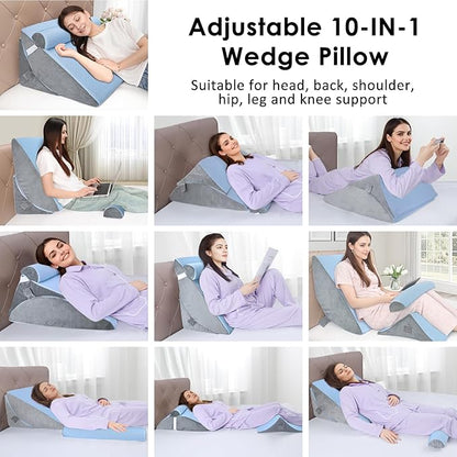 Bed Wedge Pillow for Sleeping, 3PCS Wedge Pillow Set for After Surgery, Adjustable 7 &12 inch Pillow Wedges for Acid Reflux Relief, Back Pain Relief, Sleep Apnea, Sitting Up, Headboard(Blue/Grey)