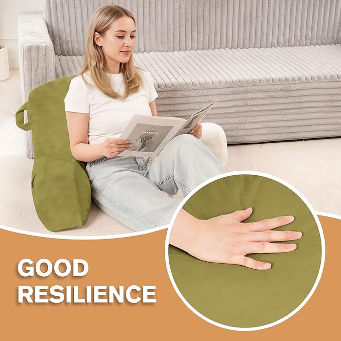 Portable Comfy Reading Pillows for Bed Sitting Up(Pale Green Oeko-Tex), Velvet Back Pillow with Arms & Pockets for Adults, Support Memory Foam Bed Pillow for Dorm/Reading/Watching/Gaming