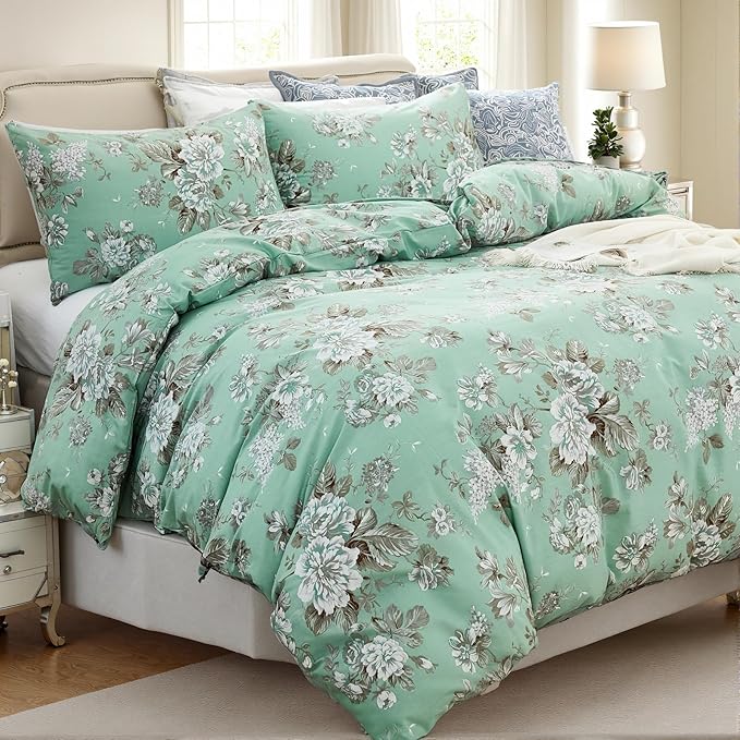 Floral Duvet Cover King Size Soft 100% Nature Cotton Vintage Style Green Bedding Set with Zipper Closure 3 Pcs Cottagecore Botanical Duvet Covers, Ultra Soft, Breathable