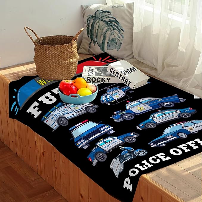 Custom Police Car Blanket for Boys Kids Police Car Lovers Soft Plush Warm Cartoon Car Blanket for Couch Bed Sofa Decor Birthday Custom Police Blanket Police Gifts 60''x 80''