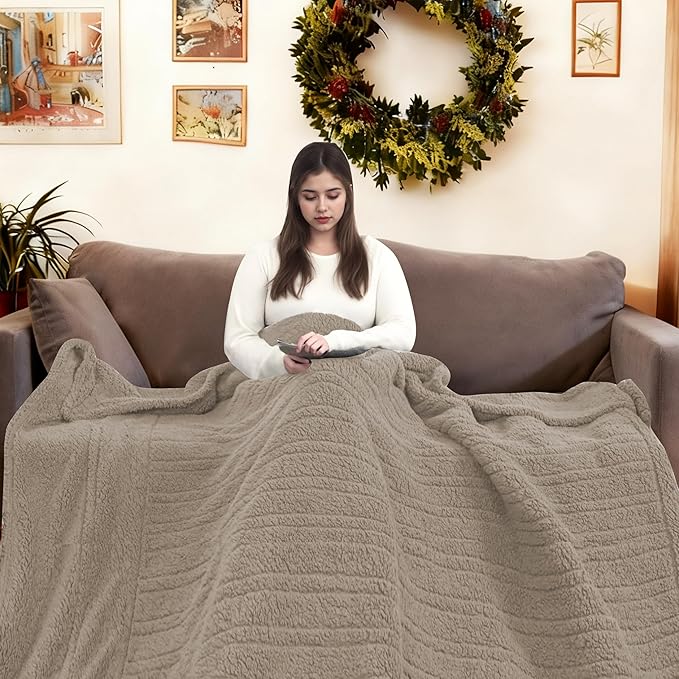 Electric Heated Blanket Twin Size 62"×84" with 6 Heating Levels & 1-10Hs Auto Off, Heating Blanket Double Sided Plush Sherpa, Fast Heating, Machine Washable for Christmas Gift - Light Brown