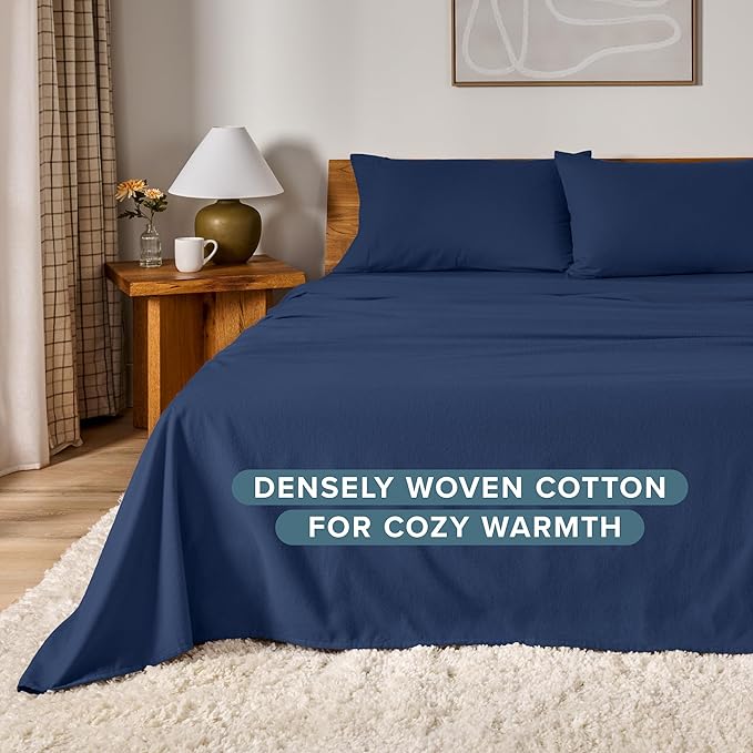 Bare Home Flannel Sheet Set 100% Cotton, Velvety Soft Heavyweight - Double Brushed Flannel - Deep Pocket (Twin, Dark Blue)