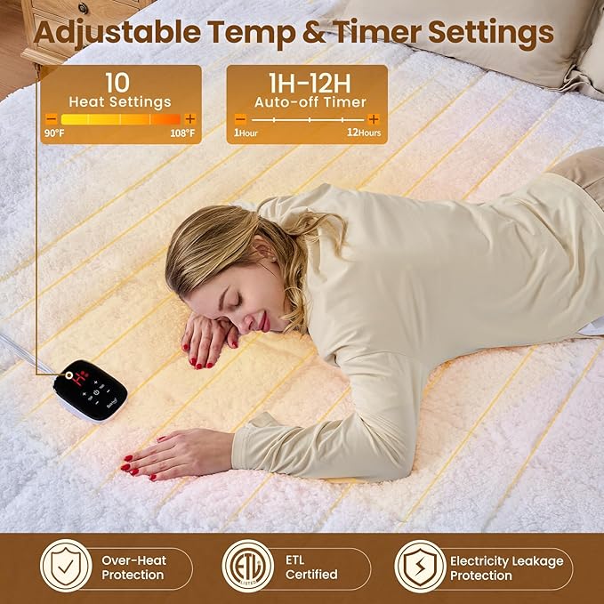 Bearhug Electric Heated Mattress Pads Full Size 54×75” Sherpa Bed Warmer with 16” Deep Pocket 10 Heat Settings 12-Hour Timer Machine Washable White