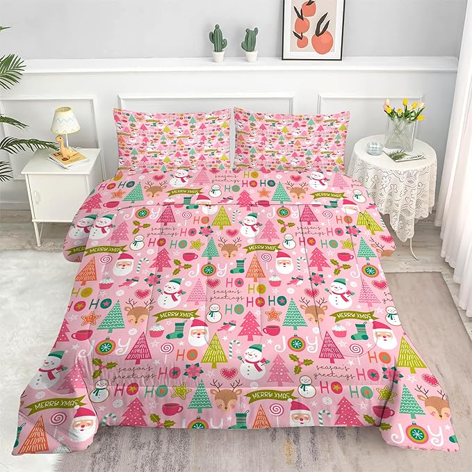 Pink Christmas Comforter Queen: Merry Xmas Santa Claus Bedding Set Queen Size for Teen Girls Women Adults Kids Christmas Tree Snowman Elk Quilt Bed Set 1 Comforter & 2 Pillowcases