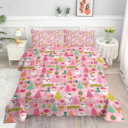 Pink Christmas Comforter Queen: Merry Xmas Santa Claus Bedding Set Queen Size for Teen Girls Women Adults Kids Christmas Tree Snowman Elk Quilt Bed Set 1 Comforter & 2 Pillowcases