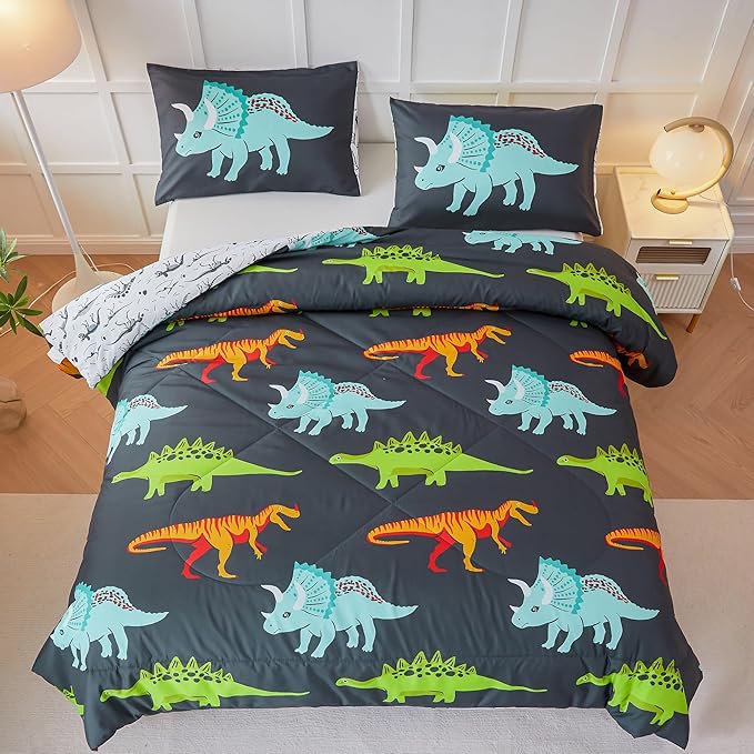 RYNGHIPY Dinosaur Bedding Set - Queen Size Comforter Set for Boys & Girls - Soft, Breathable, Cute Dinosaur Bed Set for All Season (Black, Queen)