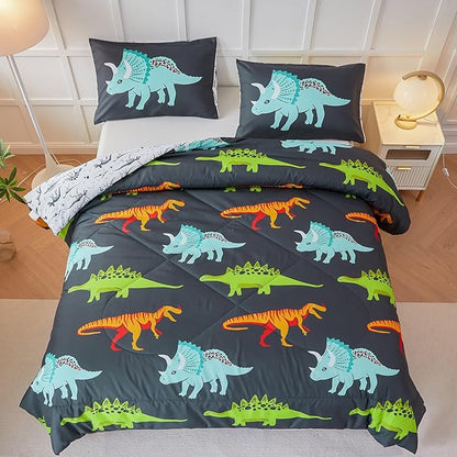 RYNGHIPY Dinosaur Bedding Set - Queen Size Comforter Set for Boys & Girls - Soft, Breathable, Cute Dinosaur Bed Set for All Season (Black, Queen)