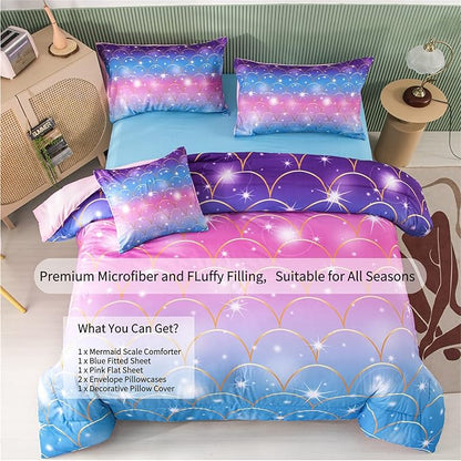 RYNGHIPY 6Pcs Teal Pink Sparkle Mermaid Comforter Sets Twin Size, 3D Rainbow Glitter Girls Bedding Sets, Ombre Pastel Fish Scale Bedding Collection Sets