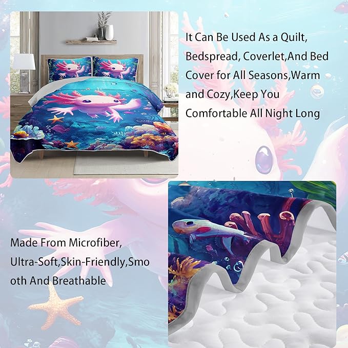 AILONEN Cartoon Axolotl Quilt Set Twin Size,Underwater World Ocean Animal Bedspread Coverlet,3Pcs Pink Axolotl Printed Kawaii Quilt & 2 Pillowcases,Soft Lightweight