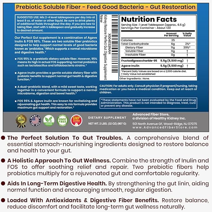 Perfect Gut: Inulin FOS Powder for Gut Health. Prebiotic Inulin. Unique Prebiotic 95% FOS Inulin Agave Fiber