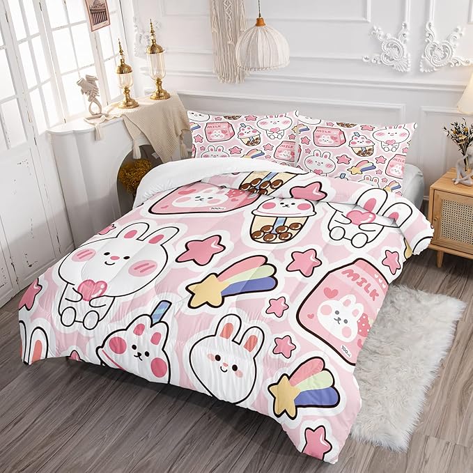 CVHOUSE Kawaii Rabbit Bedding Set for Girls - Twin Size, Includes Cute Rabbit Comforter, Duvet, and Quilt - Perfect for Kids' Room Decor