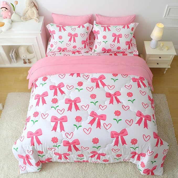 Pink Bow Comforter 7 Pieces Comforter Set Full Size Pink Flower Bow Comforter for Girls Kids Romantic Princess Style Bow Tie Bedding Set Super Soft All Season