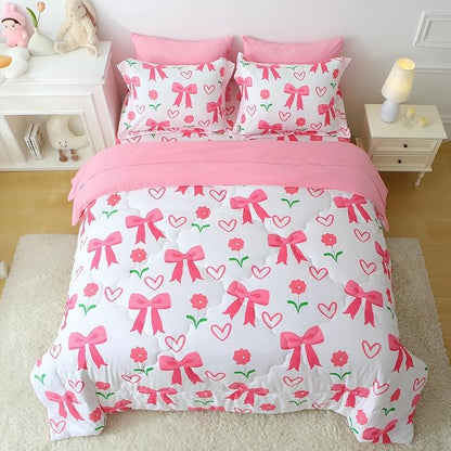 Pink Bow Comforter 7 Pieces Comforter Set Full Size Pink Flower Bow Comforter for Girls Kids Romantic Princess Style Bow Tie Bedding Set Super Soft All Season