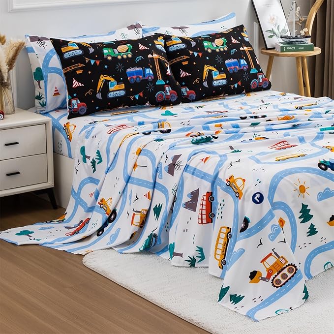 Holawakaka Trucks Tractors Cars Boy Bedding Comforter Set with Sheets, Twin Size Cartoon Construction Car Excavator Print Kids Bed in A Bag 5-Piece, Boys Reversible Dorm Bed Sets (Black Twin)