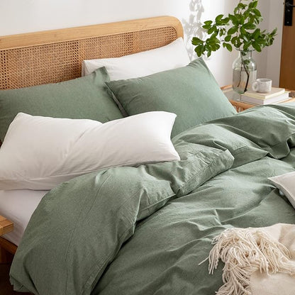 Green Duvet Cover King, 100% Washed Cotton Linen Like Textured 3 Pieces Bedding Set, Solid Color Simple Style Duvet Cover, Luxury Relaxed Feel Natural Wrinkled Breathable Soft Comfy (Green, King)