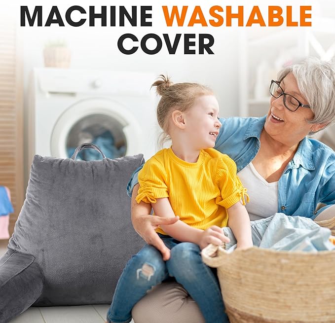 Cheer Collection Reading Pillow with Arms – Portable Bed Pillow for Sitting Up & Support, Foam-Filled Back Rest Pillow for Sitting in Bed & Couch, Machine Washable, Gray