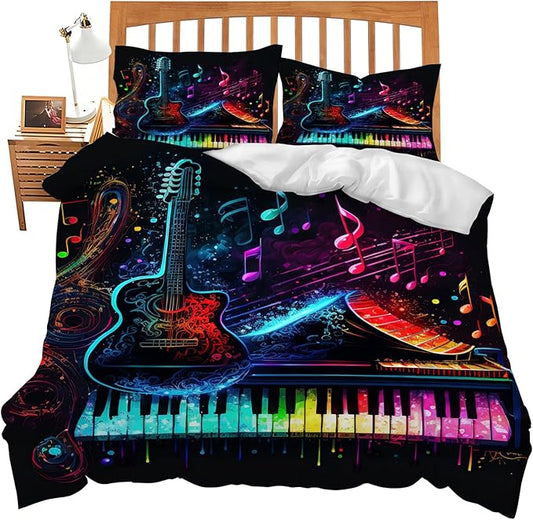 Music Guitar Piano Theme 3 Pieces Duvet Cover Comforter Set with 2 Pillowcase King Size Musical Instrument Bed Sheet Quilt Bedroom Bedding for Lover Kids