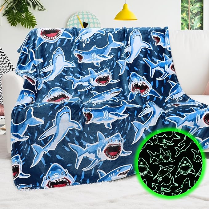 BORORO Twin Size Shark Blanket for Couch & Bed - Glow in The Dark Blankets for Boys, Ocean Gifts for Boys Girls 2-16, Soft Large Sea Creature Fleece Plush Bedding for Bedroom Decor, 60"x80"