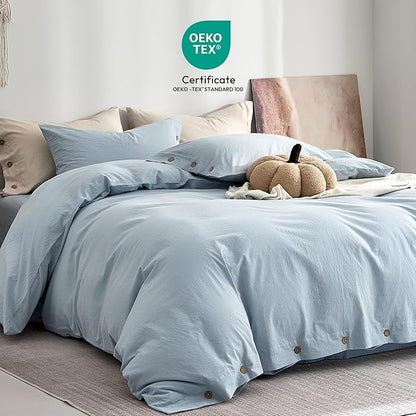 JELLYMONI 100% Washed Cotton Duvet Cover King – Soft, Breathable Linen-Look Bedding with Natural Wrinkle Texture, Button Closure, 3-Piece Set (Mist Blue, 104"x90")