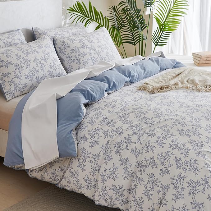 Jane yre Queen Duvet Cover Floral Brushed Microfiber Crinkle Gauze 3 Pieces Bedding Set Garden Style Blue Floral Pattern Queen Duvet Cover Flower, with Zipper Closure, Luxury Soft Breathable Comfy