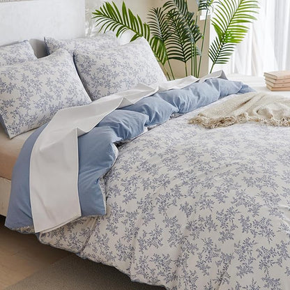 King Duvet Cover Set Floral Luxury Soft Brushed Microfiber Crinkle Gauze Fabric 3 Pieces Bedding Set Flower Pattern Duvet Cover King with Zipper Closure Breathable Comfy