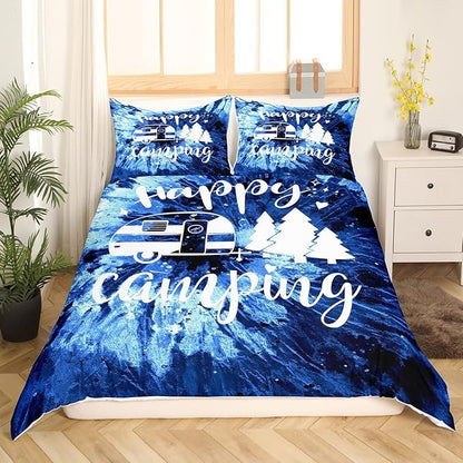 Happy Camping Camper Full Size Duvet Cover Set,Watercolor Blue Tie Dye Duvet Cover for Girls Teens Decorative Bedroom,Farmhouse Boho Trippy Art Polyester Quilt Cover with 2 Pillowcases